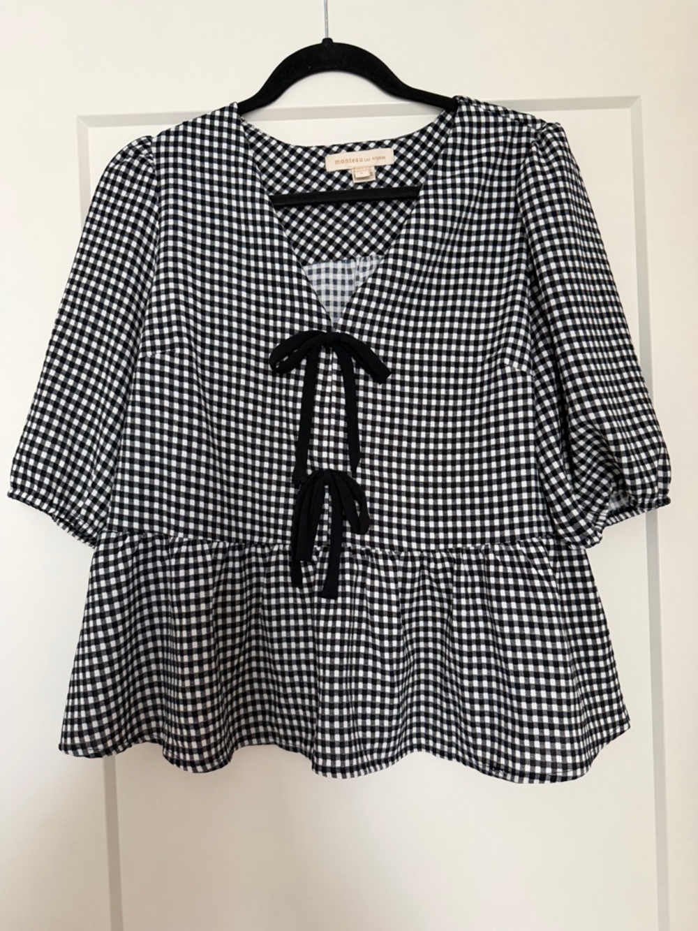 Monteau Los Angeles Black White Gingham Babydoll Peplum Top Large
